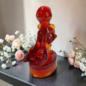 Vintage Le Smith Red Amberina Glass Hummel Girl Dress w/Geese Pulling Figurine
